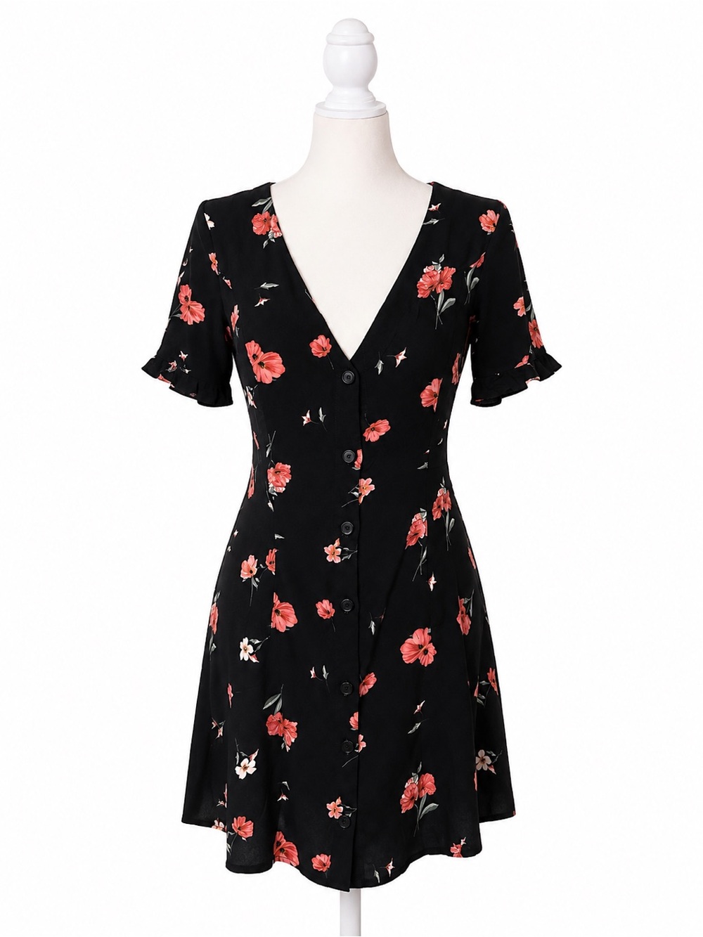 H&M Divided Black Floral Button Front Mini Dress Womens Size 8 Cottagecore